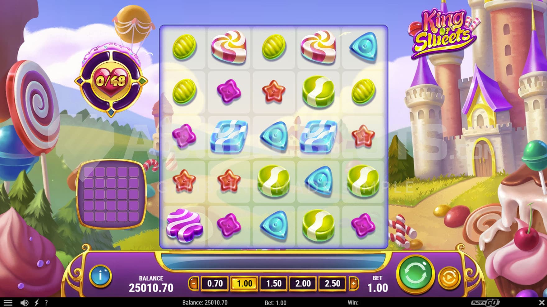 Base Game view of a 5x5 grid on a backdrop of a candy land with a castle standing on the right.