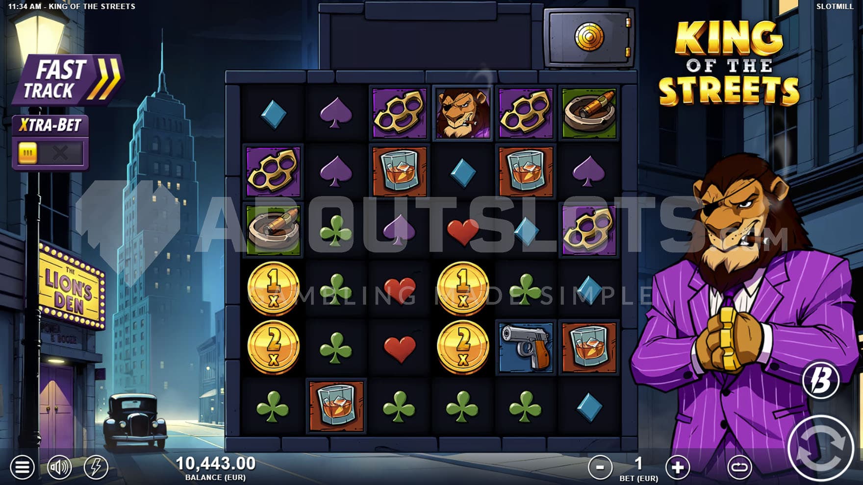 Base Game view of a 6x6 grid on a backdrop of a cartoon-style New York, with a lion boss standing on the right.