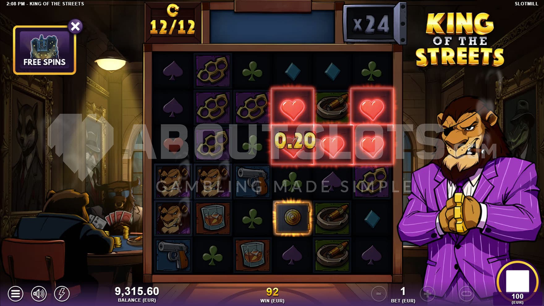 Free Spins bonus in progress, showing an accumulated multiplier of 24x and a Safe symbol activated by a winning combination on the grid.