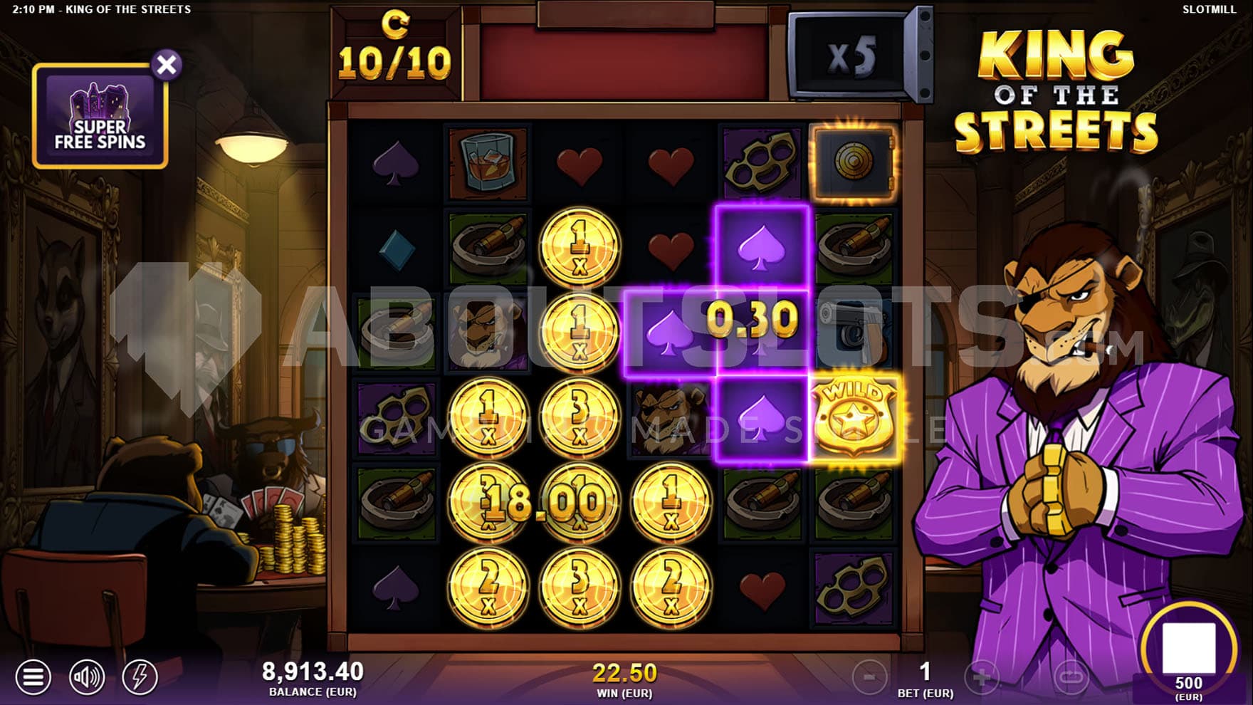 Super Free Spins bonus in progress, showing a cluster of multiple Coins scored.