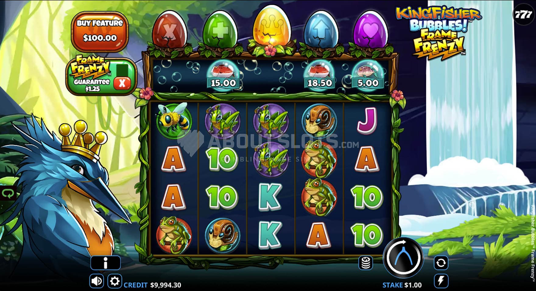 Screenshot of the base game, showing a 5x4 grid on a backdrop of a tropical cartoon landscape.