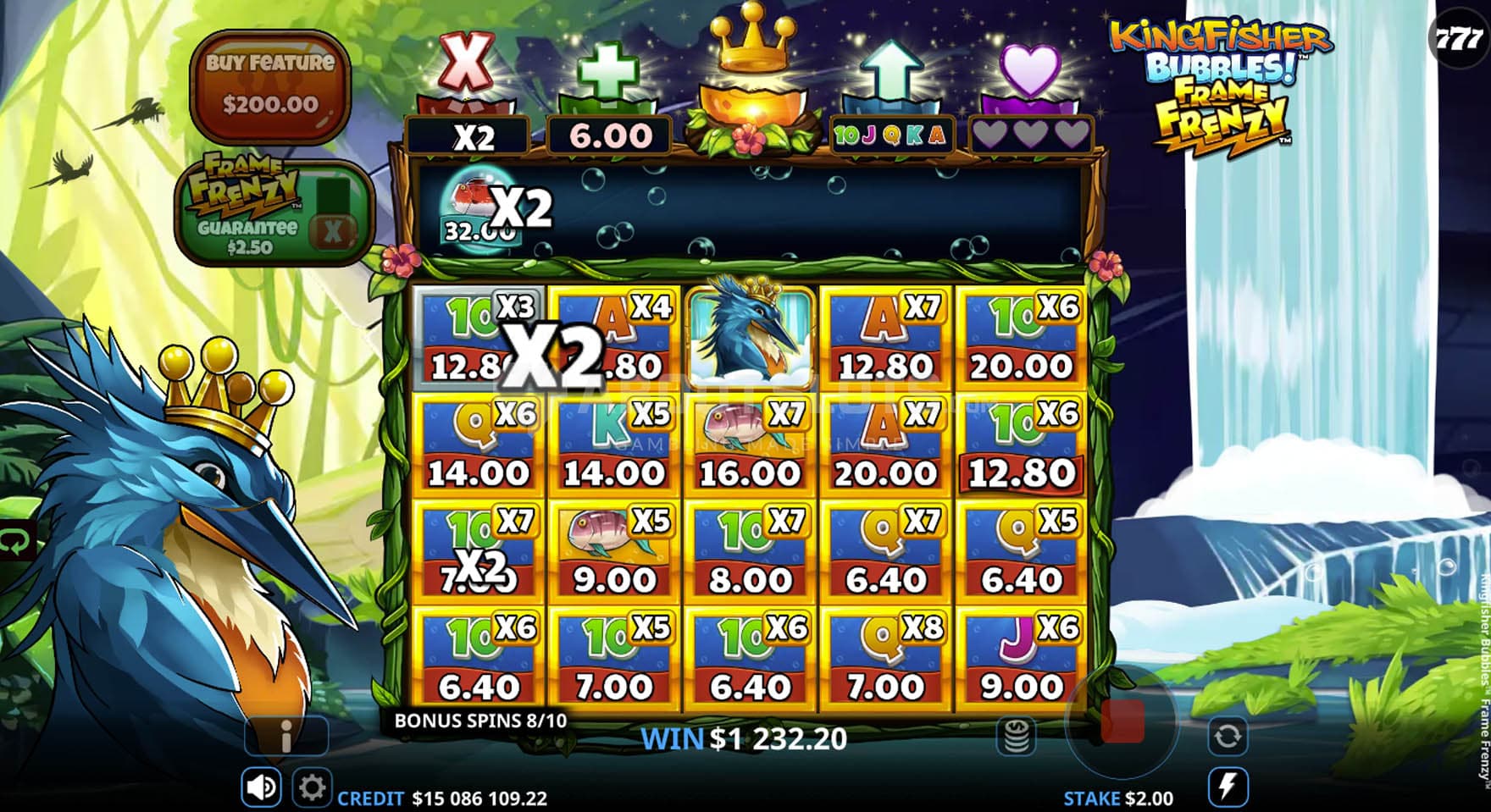 Screenshot of the Bonus Game with the Frame Frenzy feature activated on all positions.