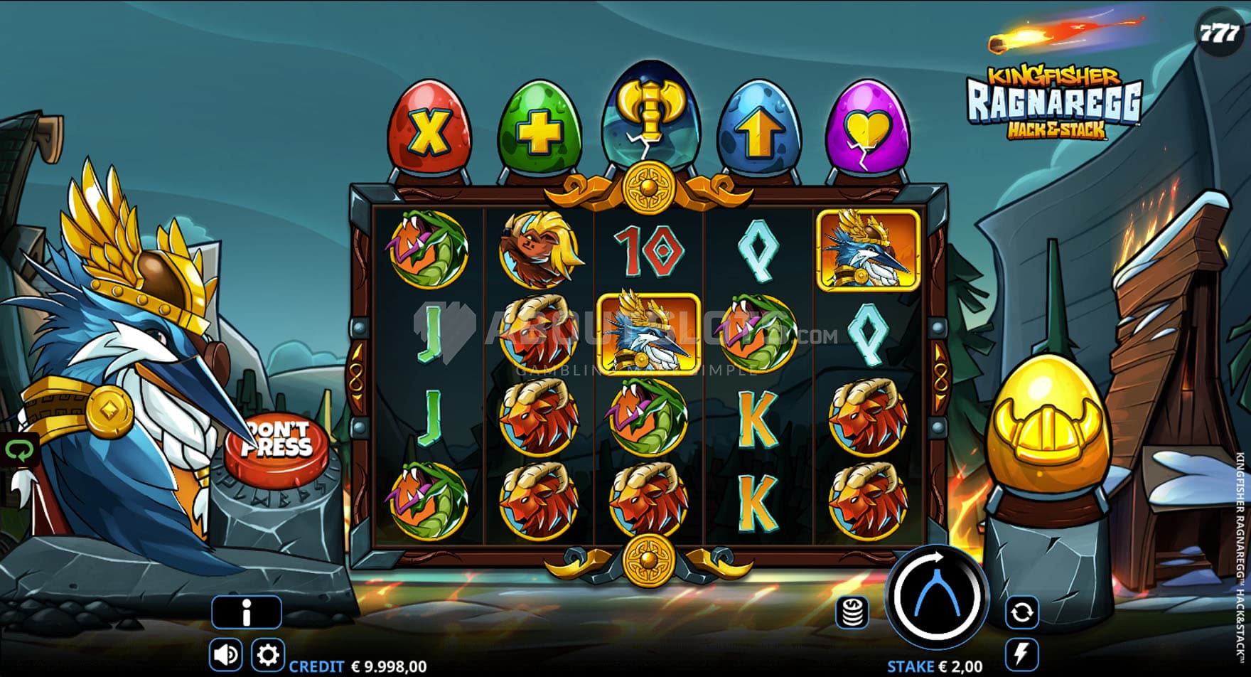 Screenshot of the base game, showing a 5x4 grid on a backdrop of a cartoon, natural landscape with a kingfisher dressed as Viking on the left.