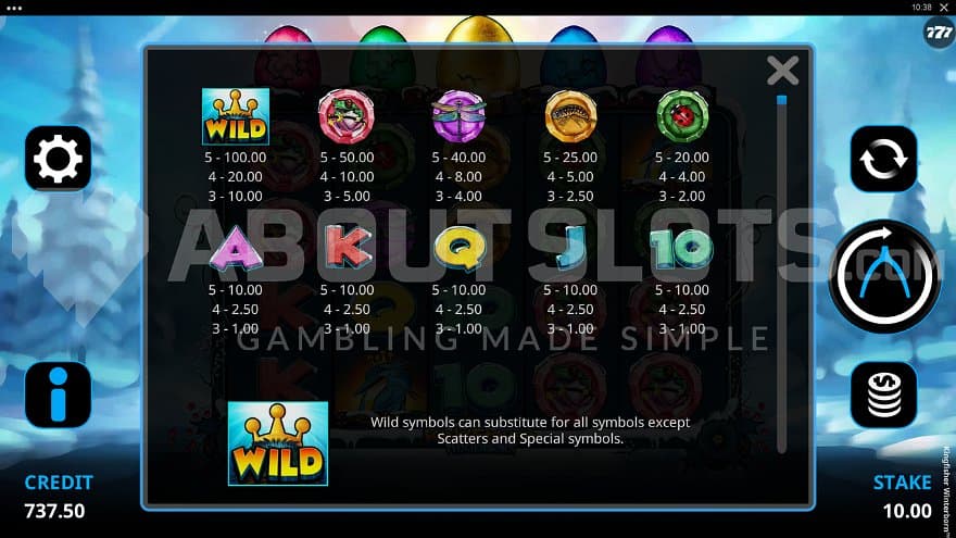 A screen showing the game's symbols and how much they are worth.