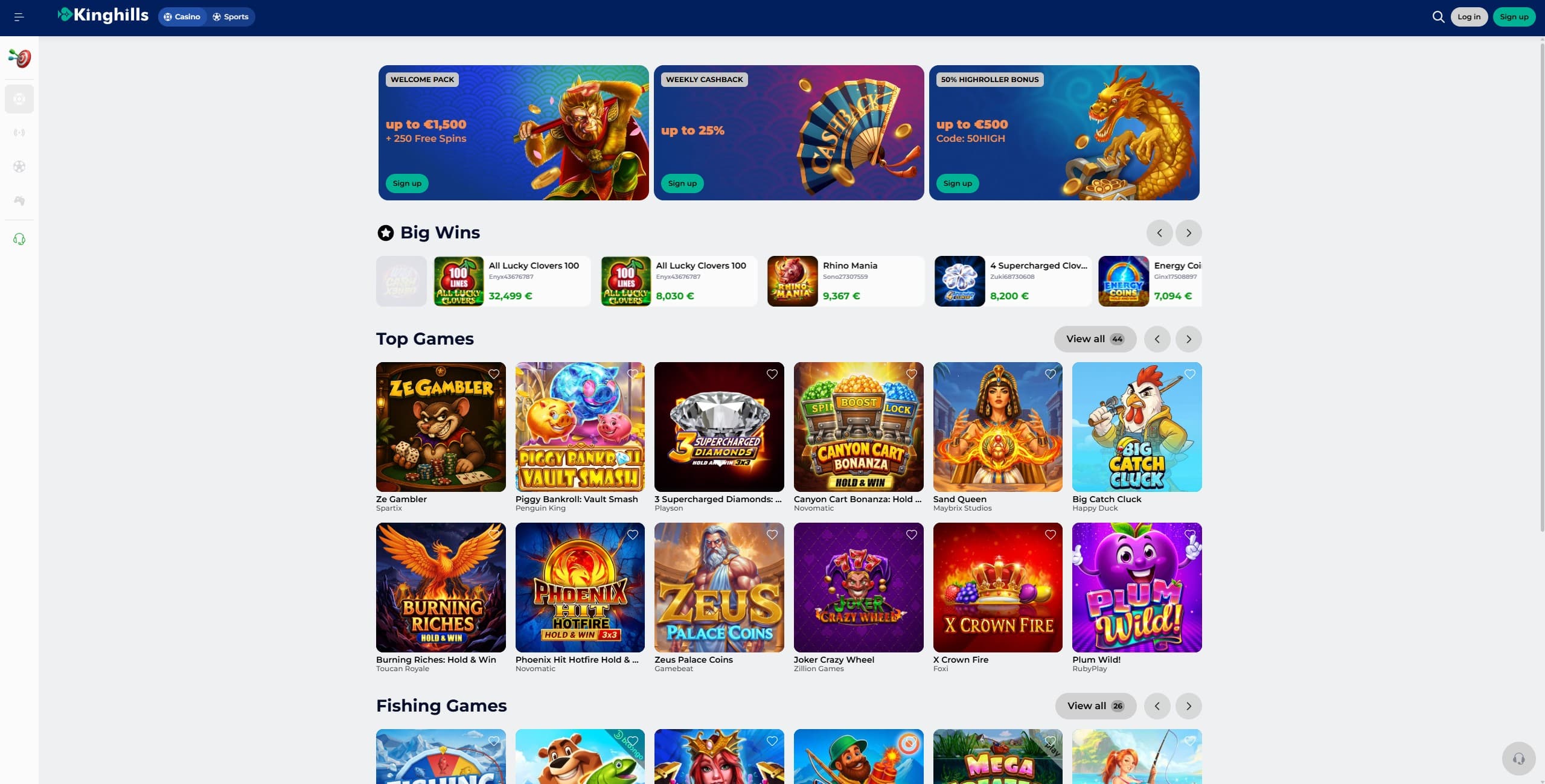Kinghills Games Page showing a selection of slot games