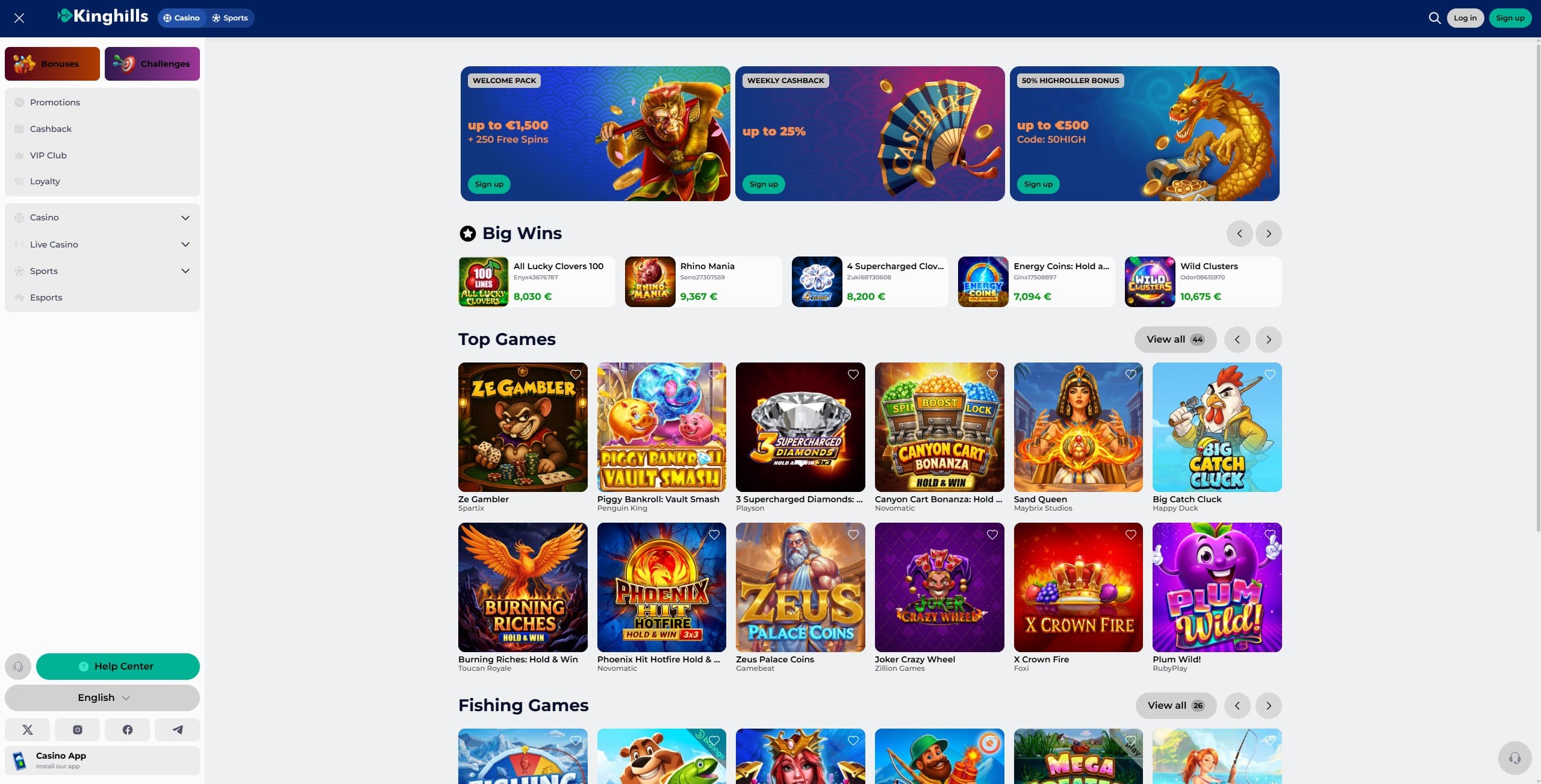Kinghills Landing Page showing a selection of slots and the main menu
