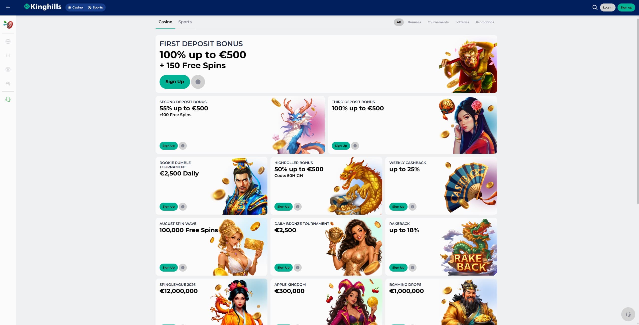 Kinghills Promotions Page showing the available bonuses and promotions