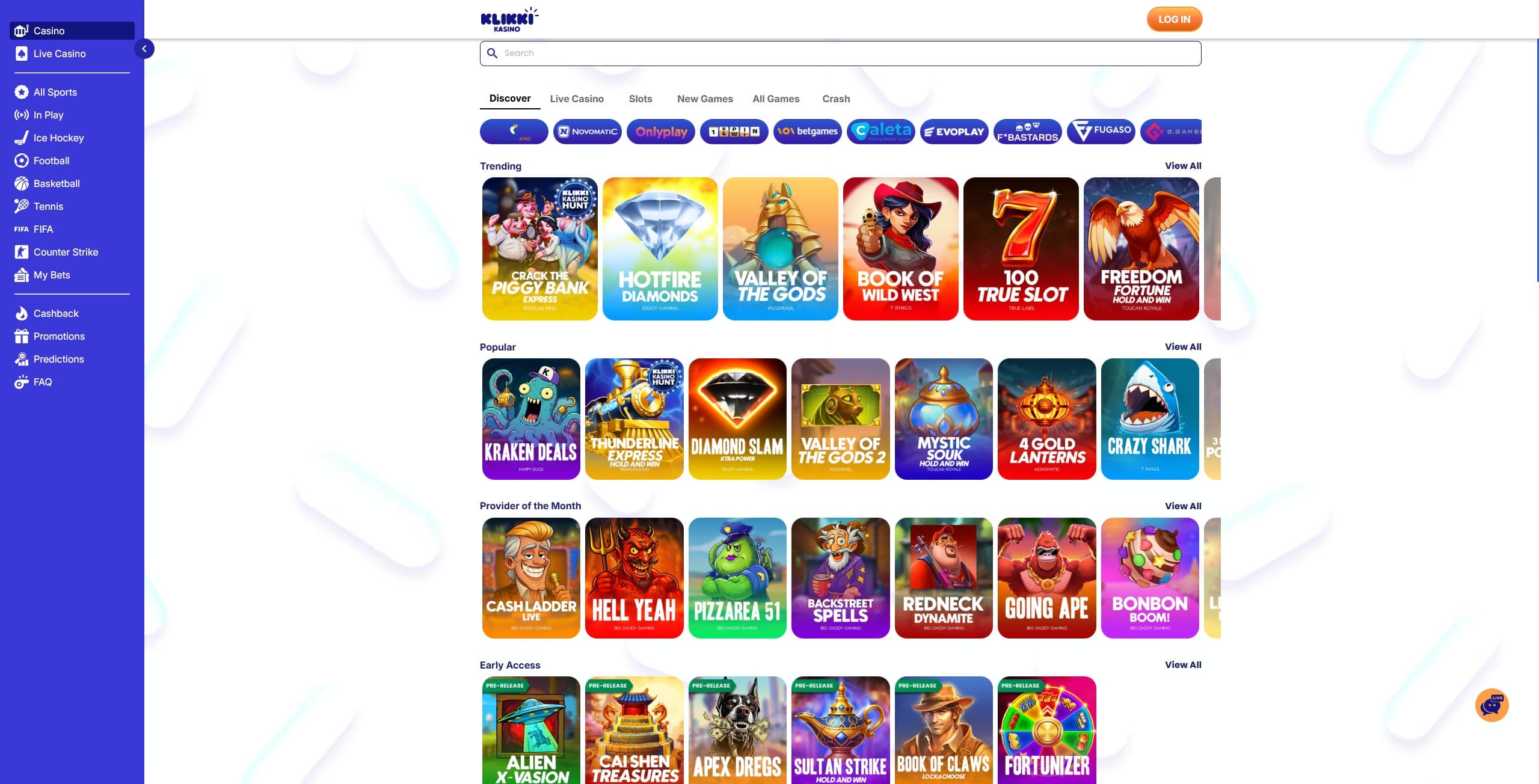 Klikki Kasino Games Page showing a selection of slot games