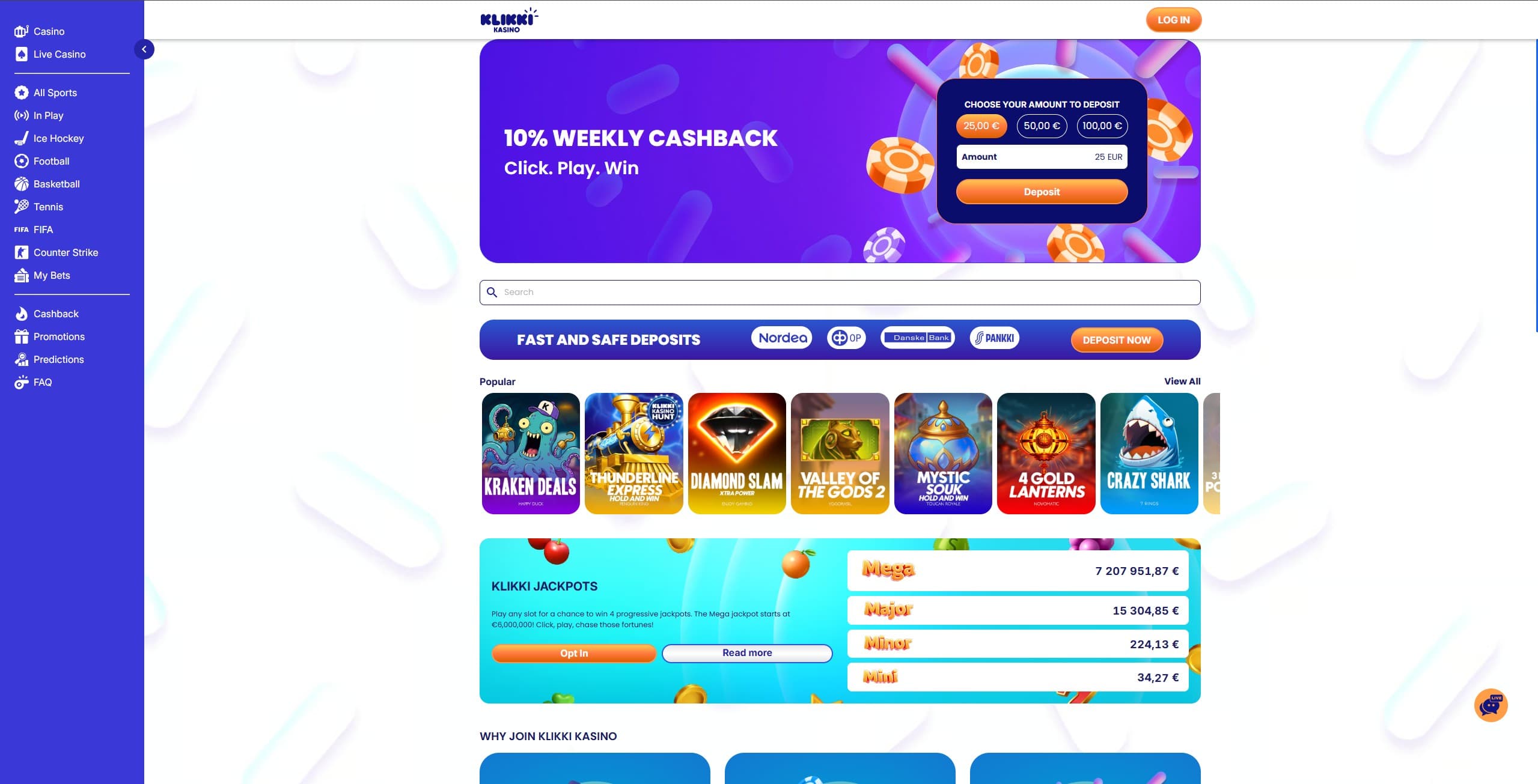 Klikki Kasino Landing Page showing the cashback offer, main menu and jackpots