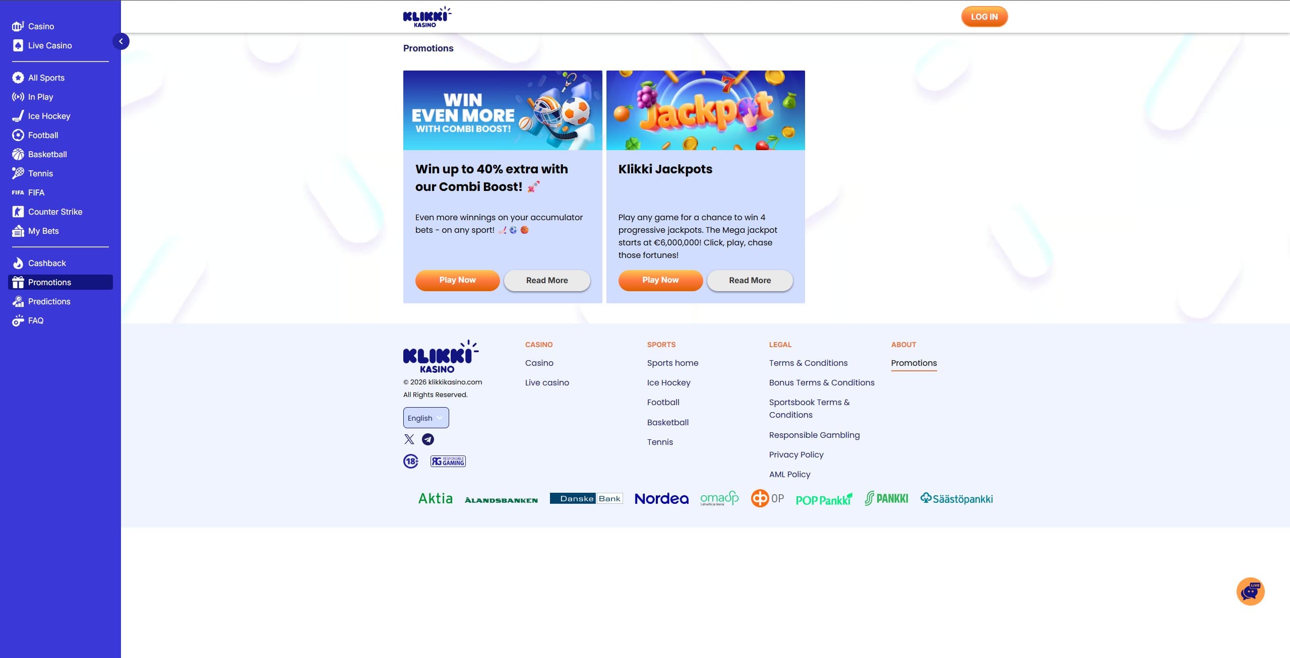 Klikki Kasino Promotions Page showing the available promotions