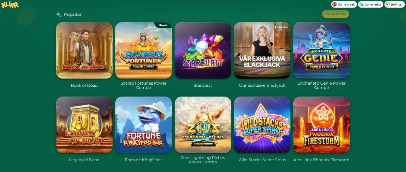 Klirr Casino games page featuring popular slots  such as Book of Dead, Starburst and many more