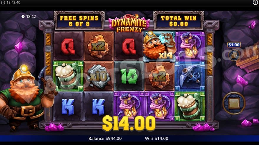A $14 win on spin 6 of 8 in the free spins.