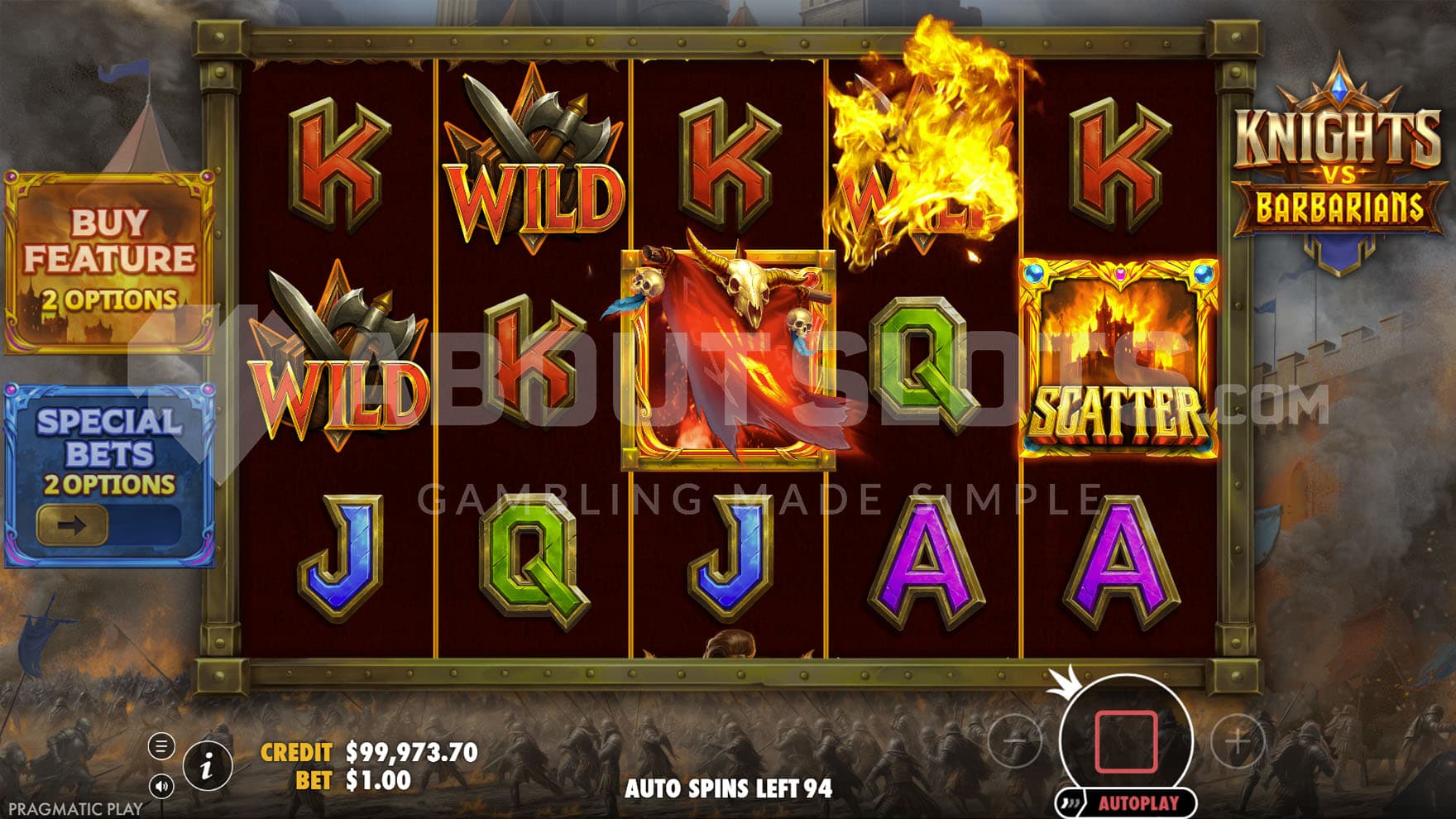 Barbarians Scatter landing in the middle position of the 3rd reel, and transforming all Barbarian-themed symbols into Wilds.