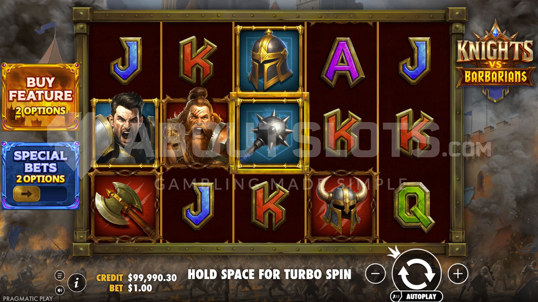 Base Game view of a 5x3 grid on a backdrop of a medieval battlefield.