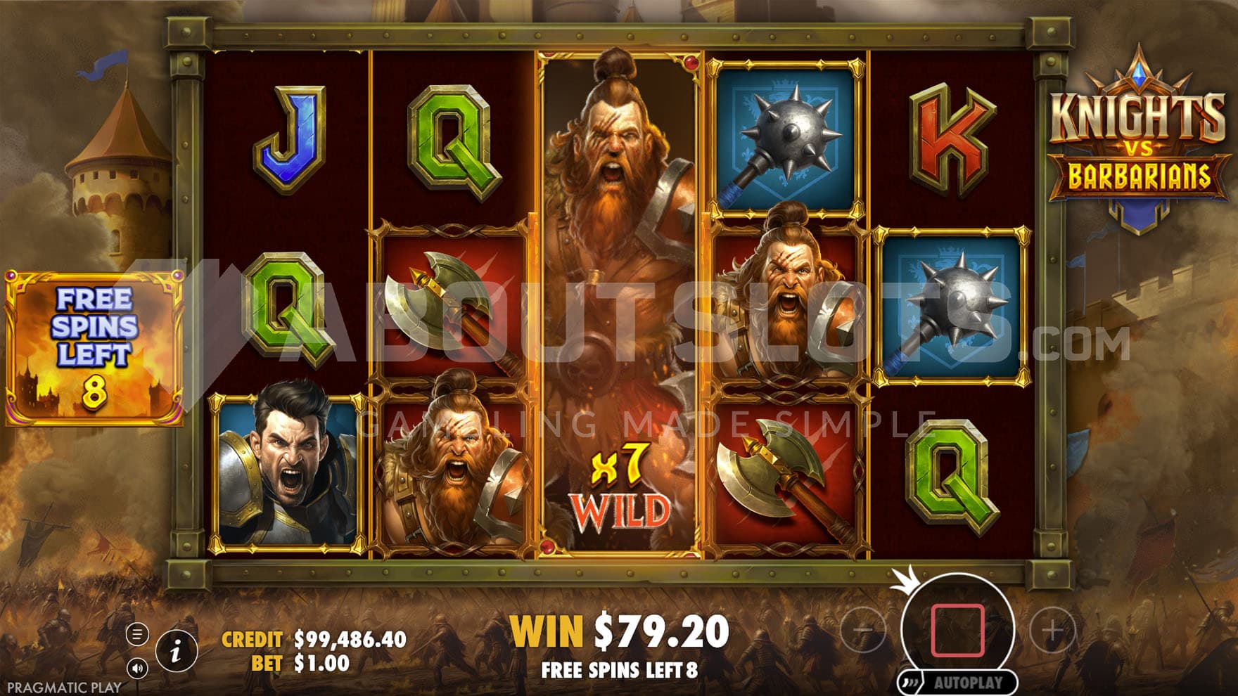 Free Spins bonus in progress, showing a Battle Scatter transforming into a multiplier Wild on the middle reel.