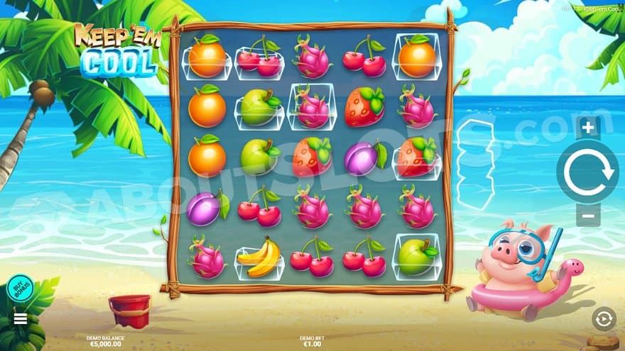 A five reel grid on a white beach with palm trees.