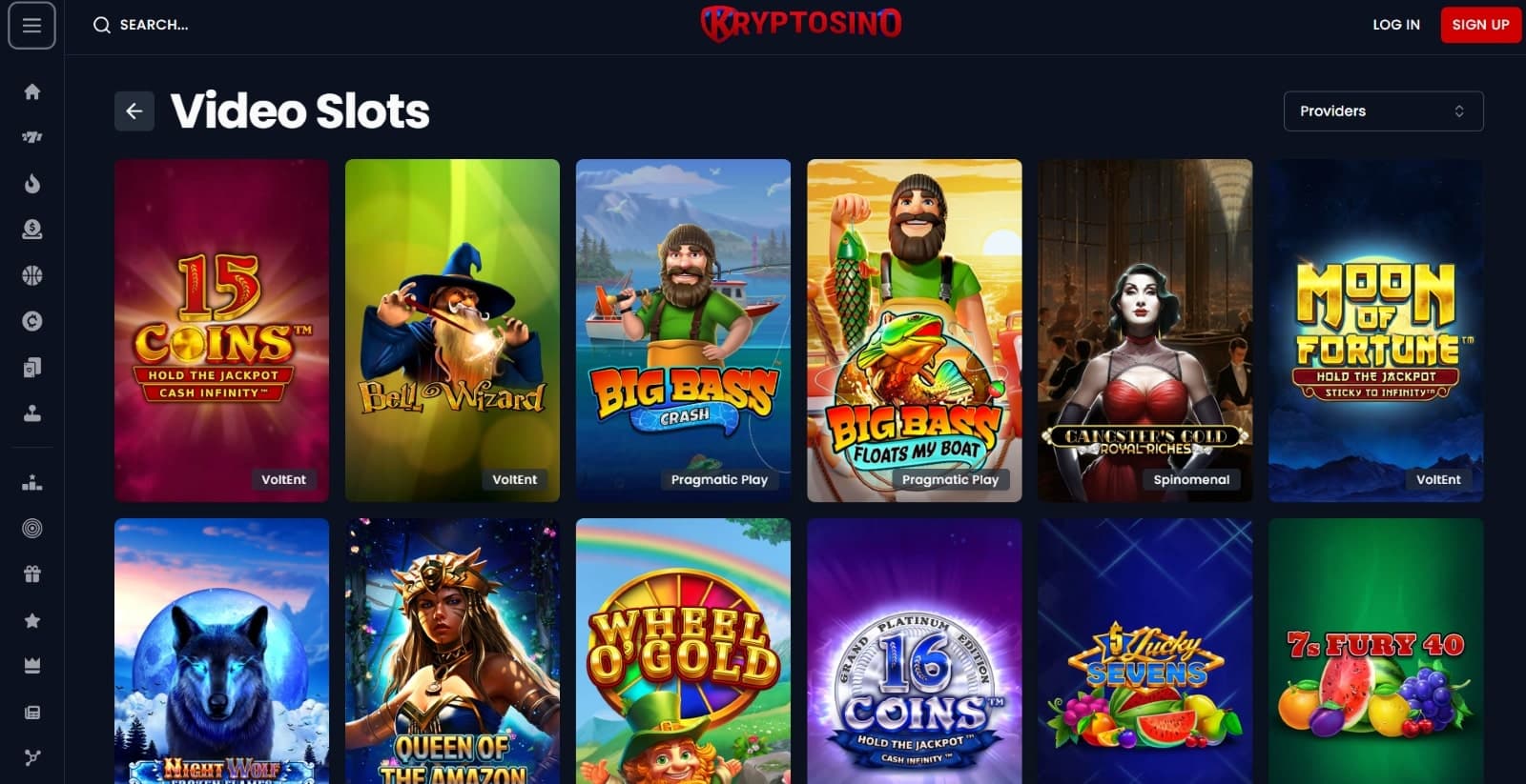 Kryptosino Casino's video slots category, showing games such as Big Bass Bonanza, Moon of Fortune and other impressive titles.