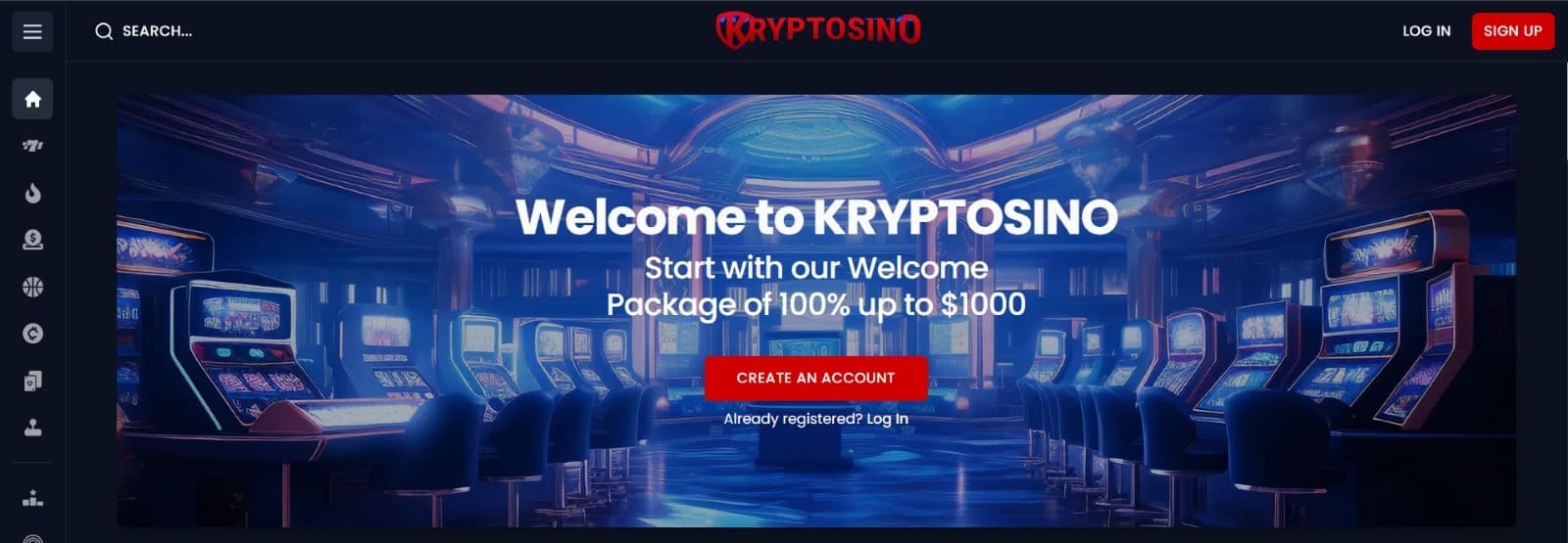 Kryptosino Casino's homepage, showing the welcome package of 1000 euros