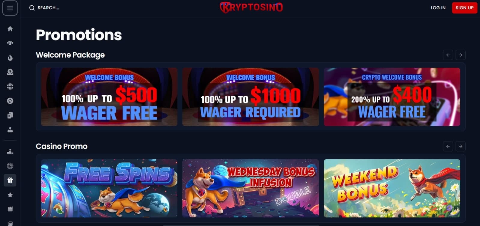 Kryptosino Casino's promotions page, showing the three welcome bonus options and  free spins, weekend and midweek reload bonuses