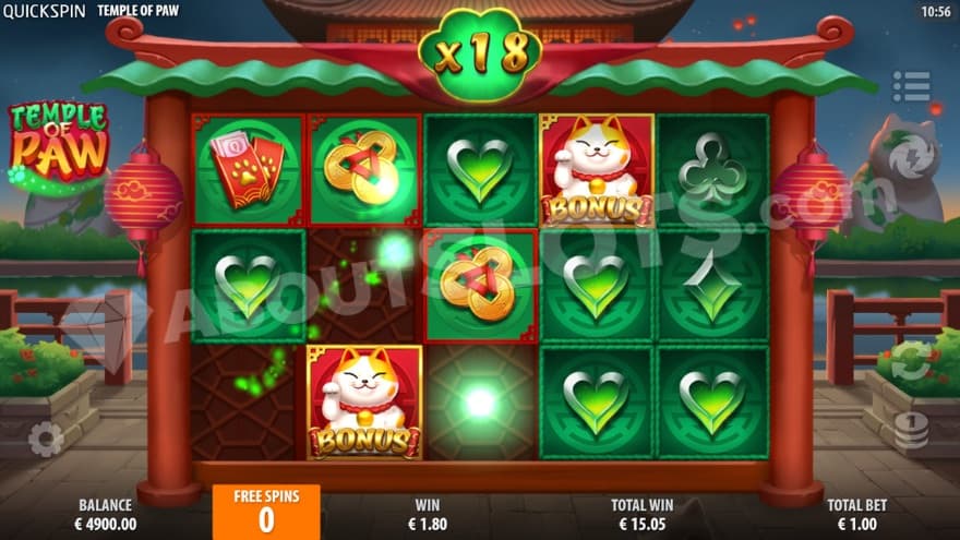 Free Spins bonus game with total win multiplier above the reels, showing 18X.