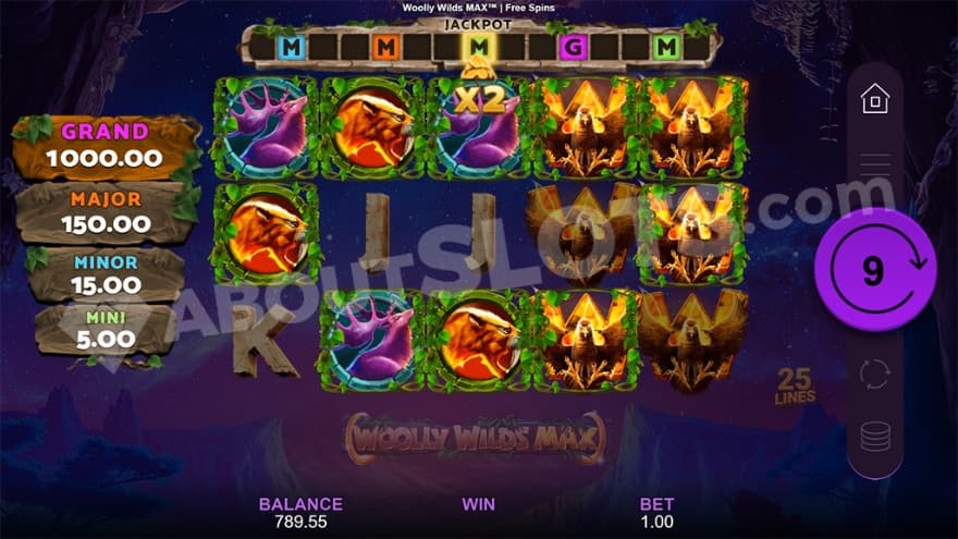 Free Spins feature with nine remaining spins to use.