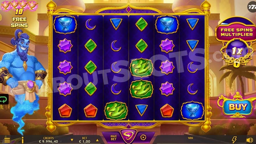 A casino slot with a blue genie next to it.