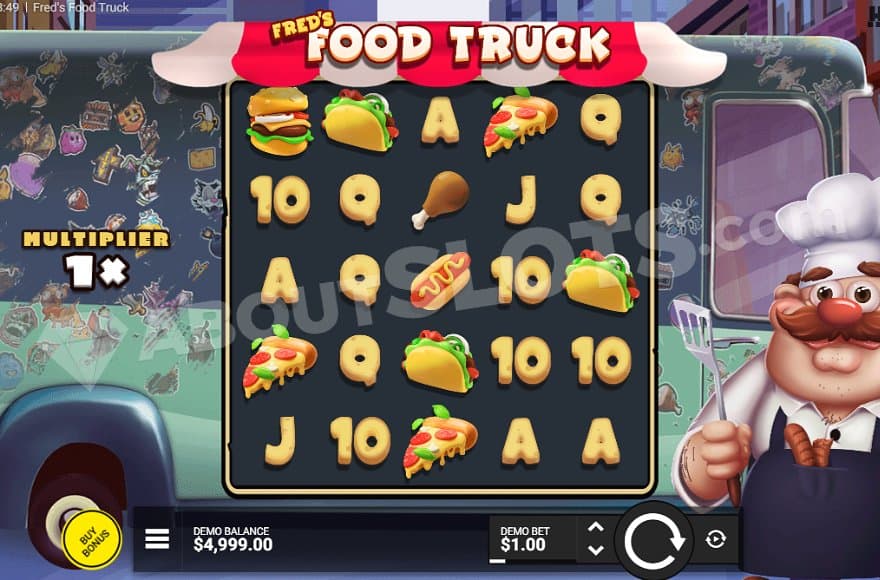 Five reels with food symbols on a food truck.