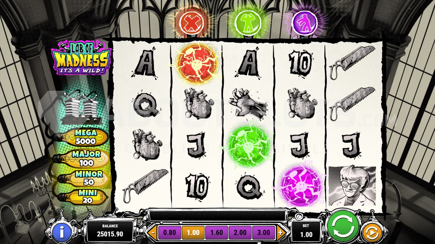 Base Game view of a 5x4 grid on a backdrop of a monochromatic laboratory.