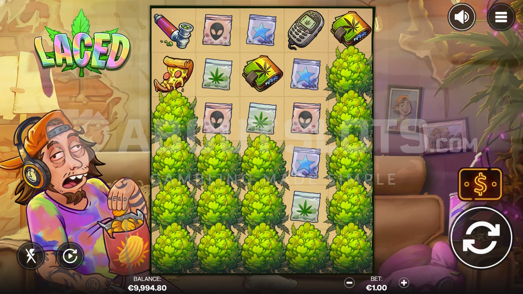 Base Game view of a 6x5 grid on a backdrop of an apartment, with a stoned guy sitting on the left.