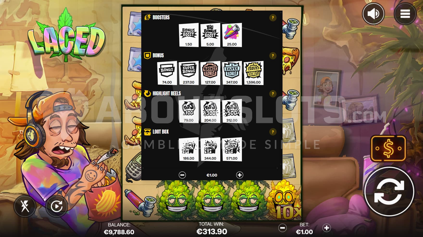 Feature Buy menu, presenting multiple options for boosted spins and feature triggers.