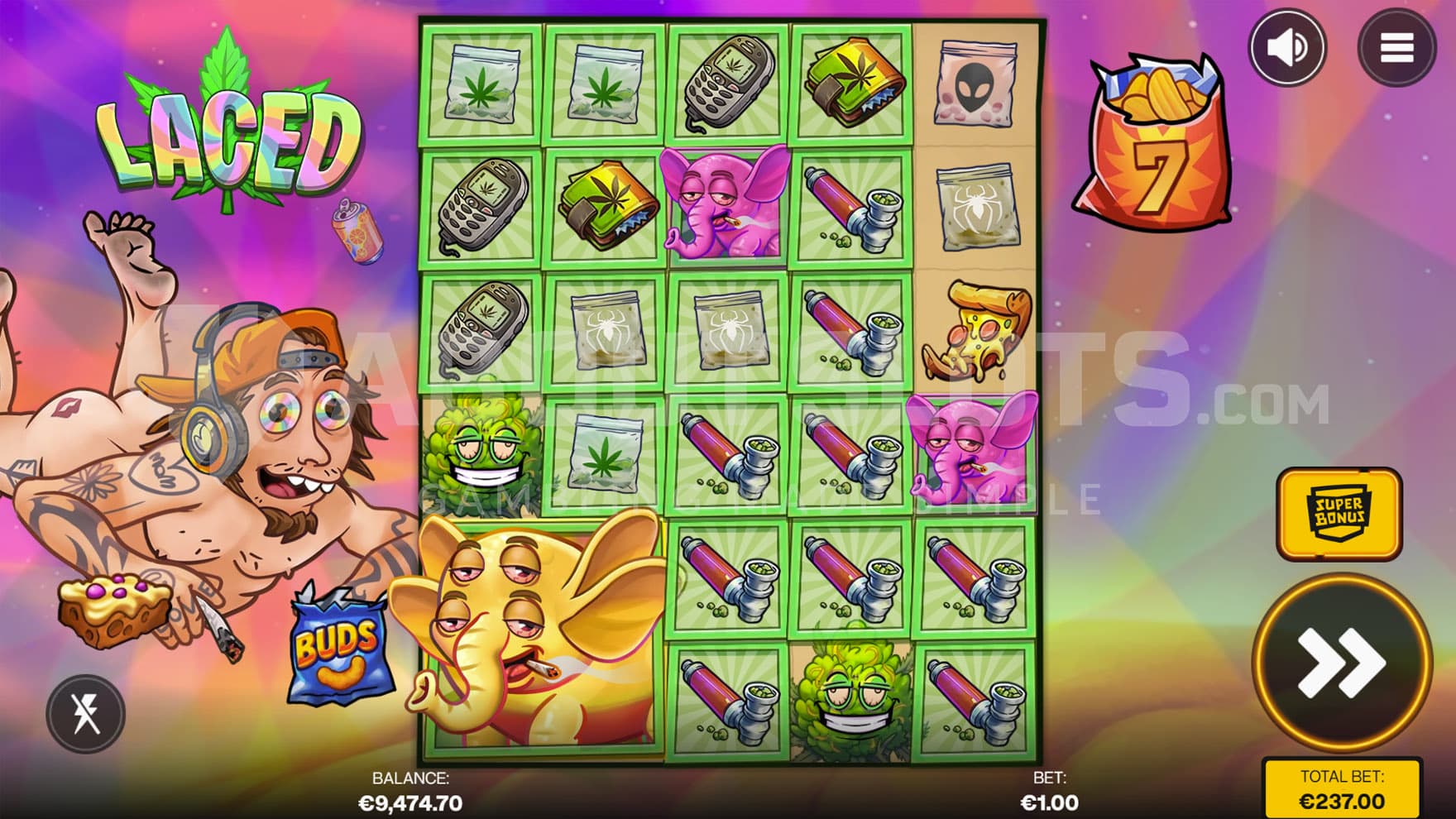 Super Bonus in progress, showing a 2x2 and 1x1 Wilds helping create multiple winning combinations on the grid.