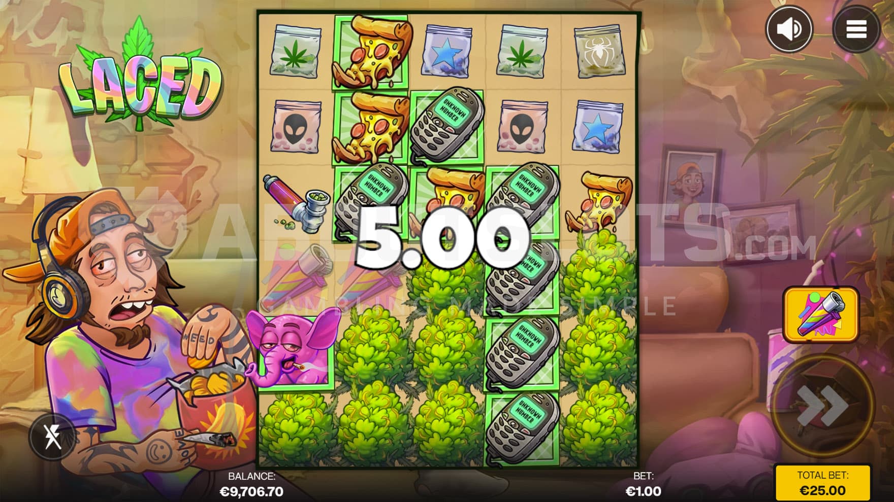 Laced Buds feature triggered in the base game, releasing a Wild symbol onto a random grid position.