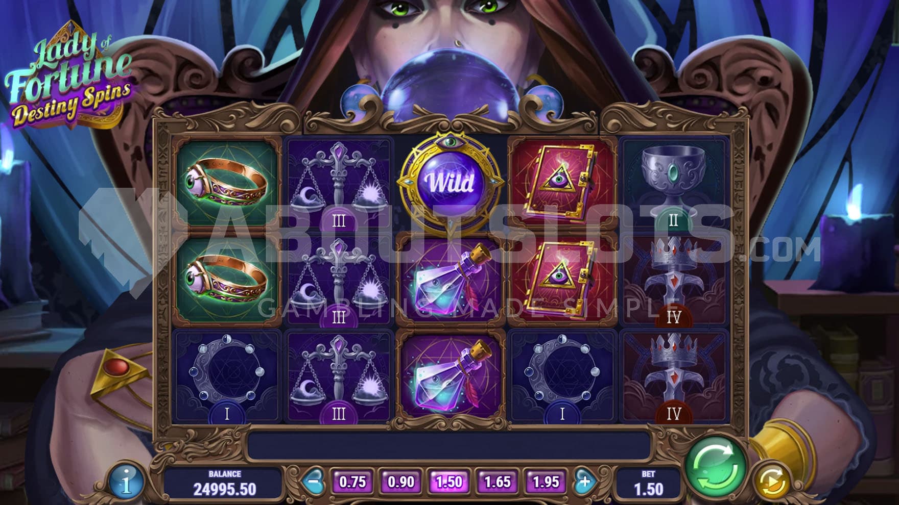 Base Game view of a 5x3 grid with a female fortune teller sitting behind it.