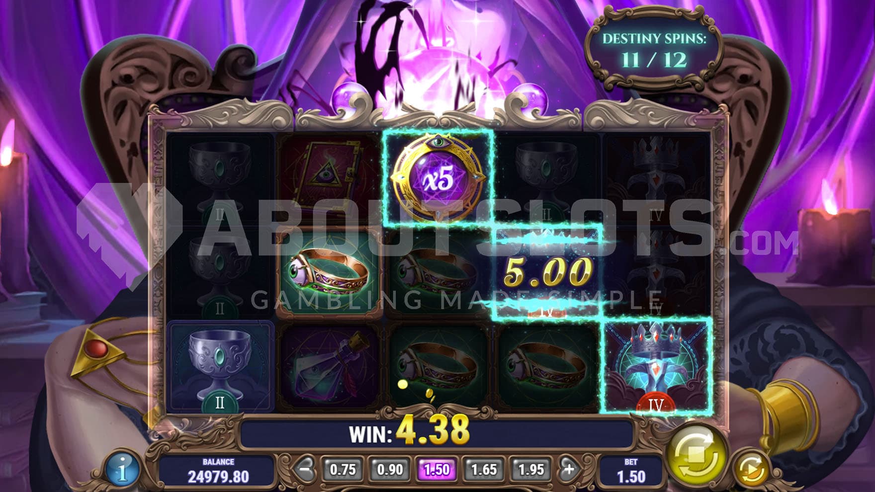 Free Spins Bonus in progress, showing a win formed with an x5 Multiplier Wild on the middle reel.