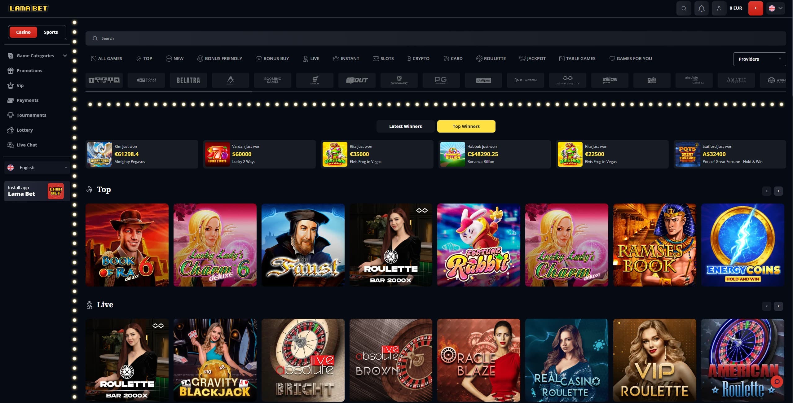 Lamabet Landing Page showing the main menu and a selection of slots and live games