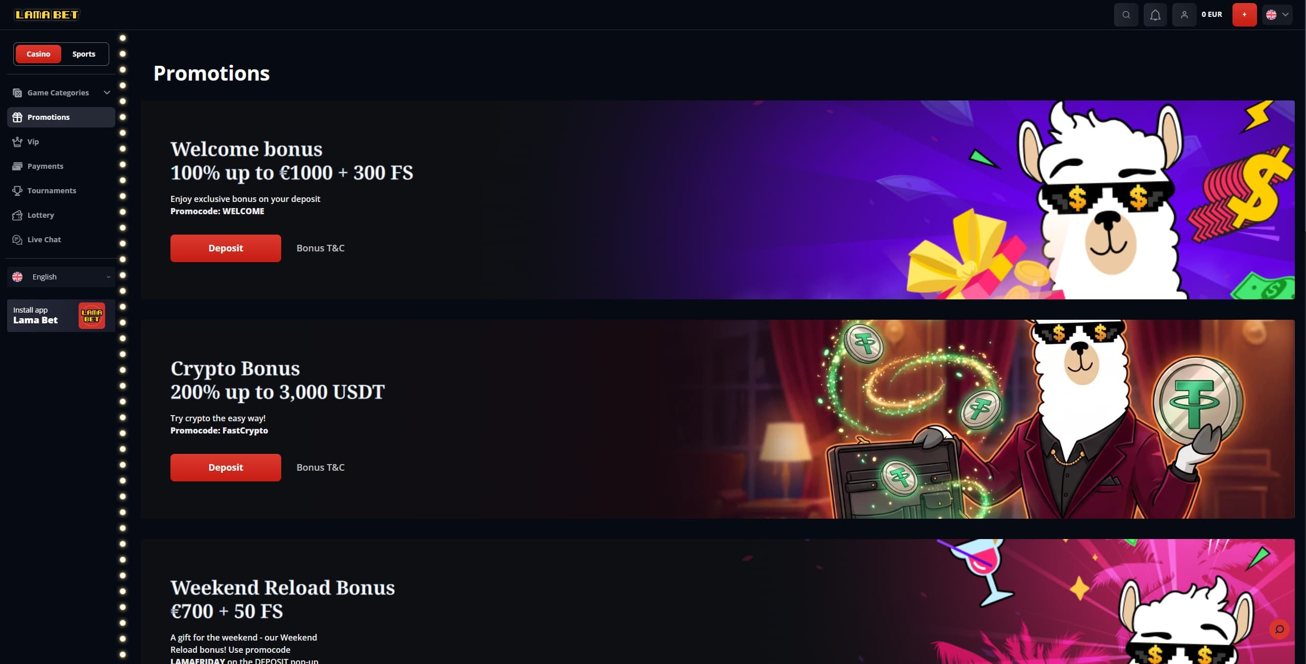 Lamabet Promotions Page showing the available bonuses and promotions