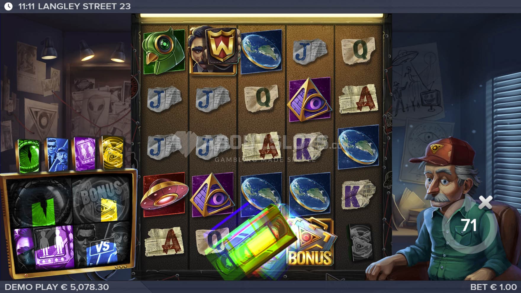 Screenshot of a base game, with a 5x5 grid on a backdrop of an interior of a house with an old man sitting on the right.