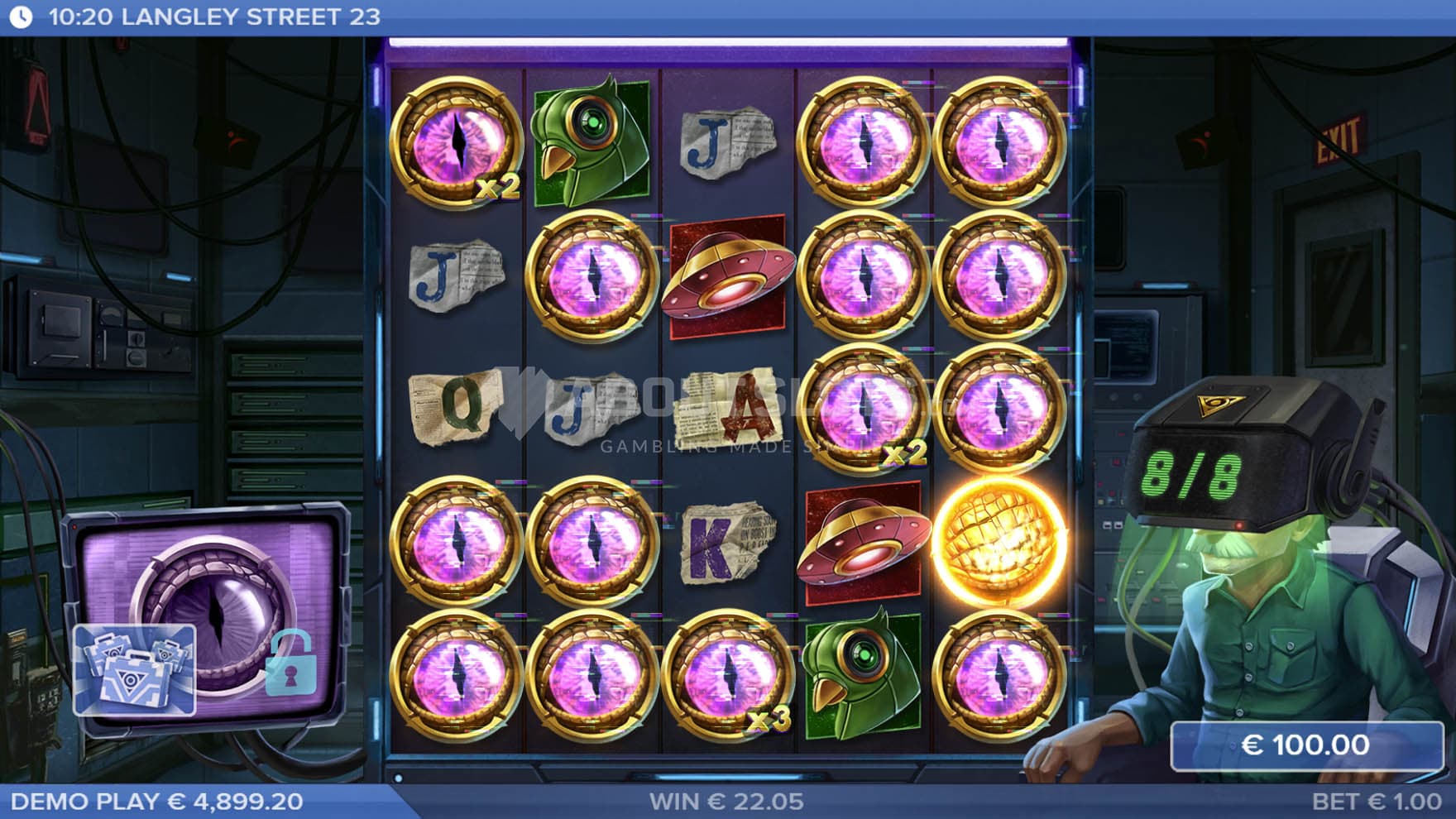 Screenshot of the Bonus Game, with multiple sticky Mystery Symbols present on the grid.
