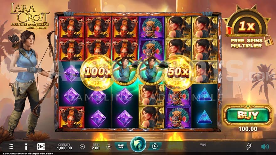 A casino slot by a temple with Lara Croft to the left, holding a bow.