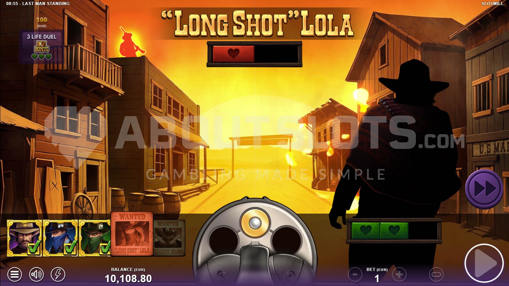 Duel at Dusk bonus showing a bullet loaded into the revolver chamber and shooting at one of the outlaws standing on top of a building.