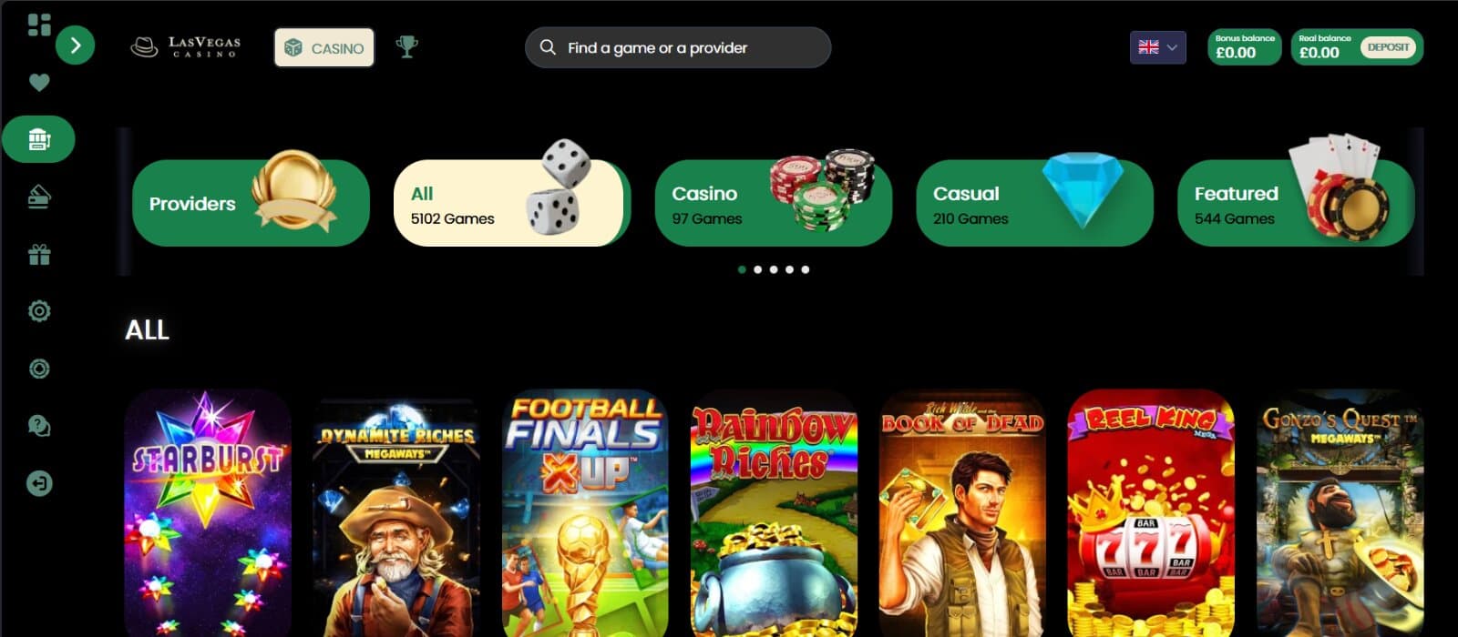 Las Vegas Casino lobby page featuring the slot and table games icons under the main category tabs