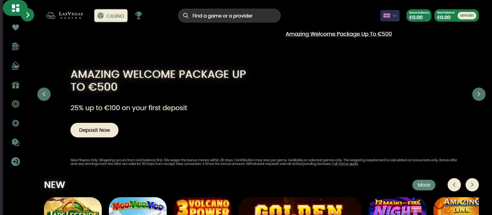 Las Vegas Casino landing page advertising the first deposit bonus of the welcome package, new games section and side navigational menu