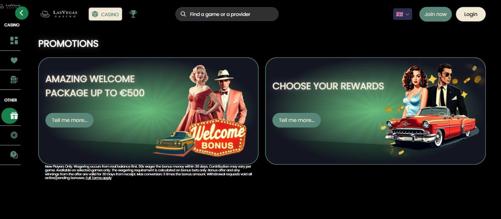 Las Vegas Casino promotions page featuring the welcome bonus and the loyalty bonus system from where you can choose your rewards