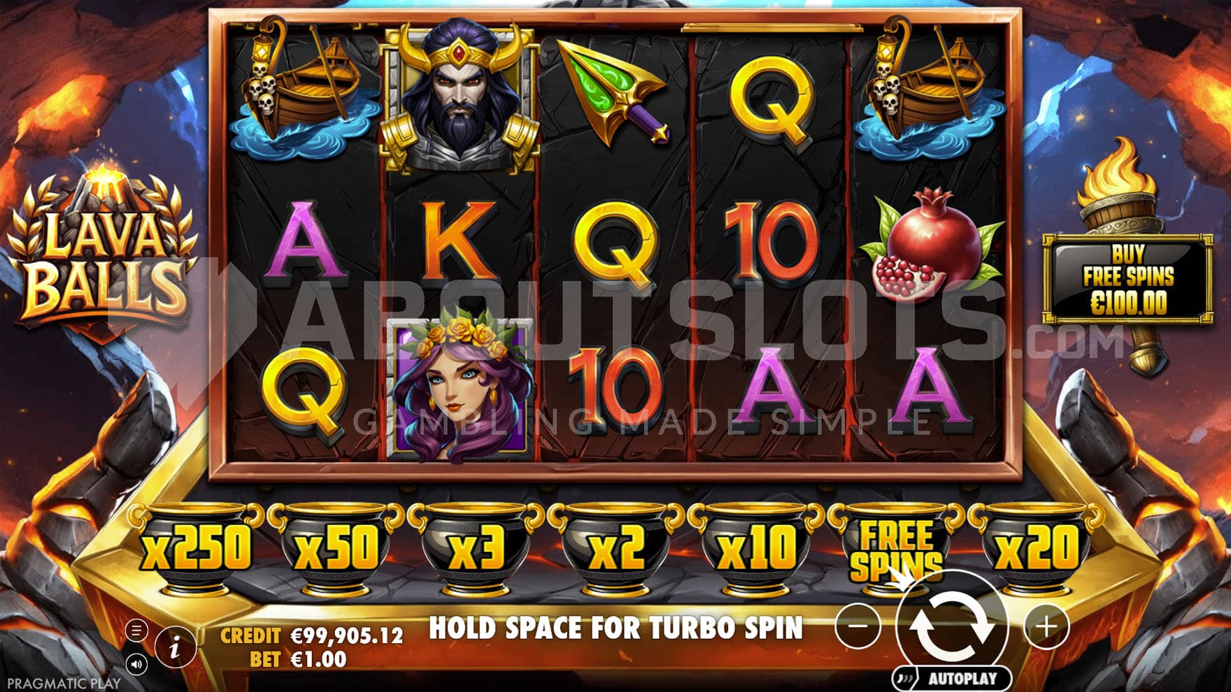 Base Game view of a 5x3 grid on a backdrop of a fiery mythological realm.