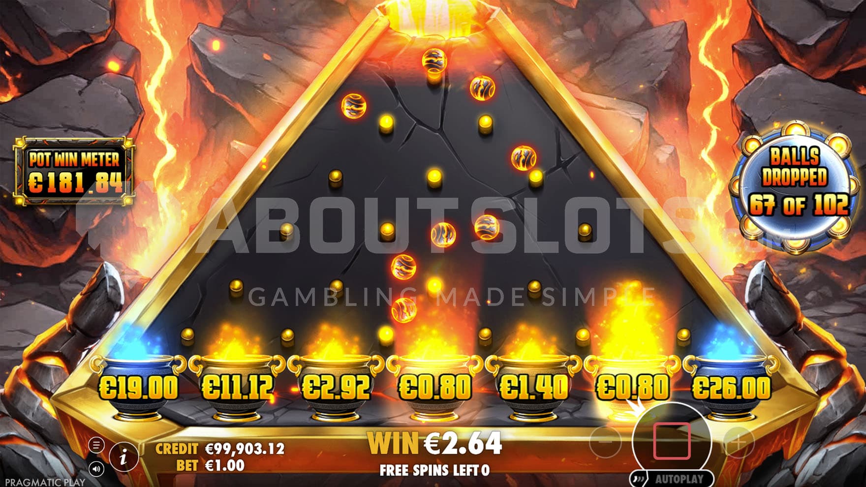 Plinko stage during Free Spins, awarding cash prizes for landing lava balls in pots.