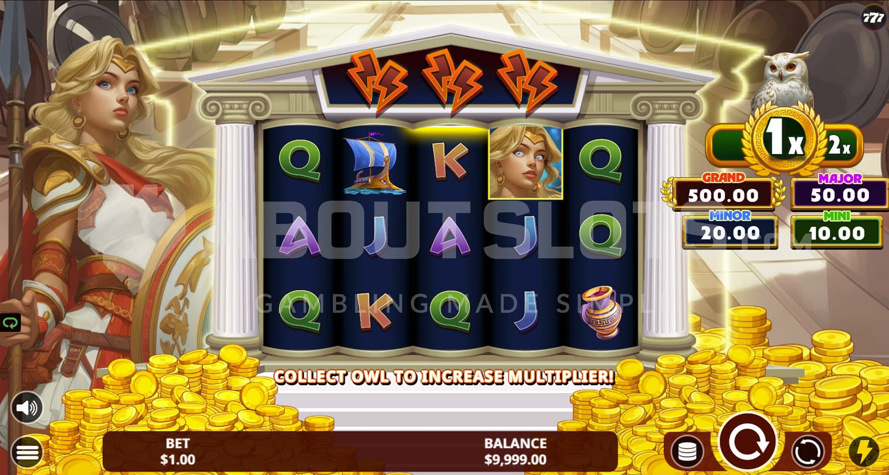 Base Game view of a 5x3 grid surrounded by piles of gold coins and Athena standing on the left.