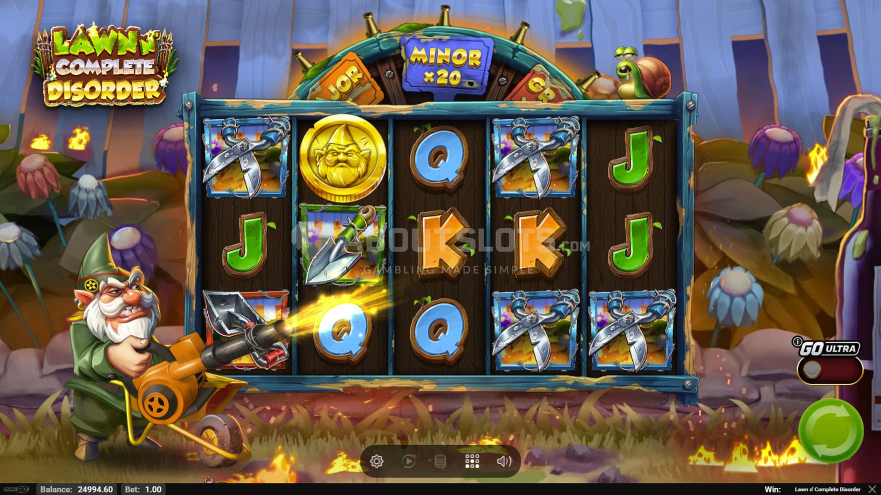 Base Game view of a 5x3 grid on a backdrop of a burning backyard, with a gnome standing on the left.