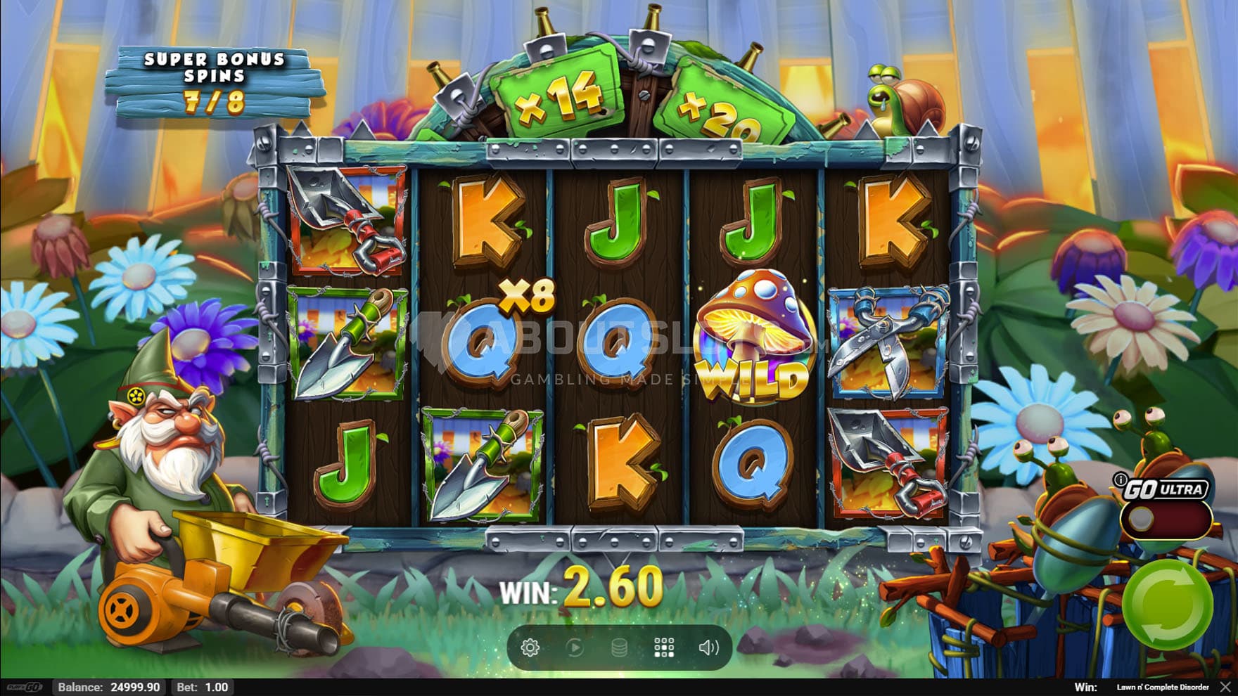Super Bonus Spins in progress, showing one grid position with an x8 multiplier.