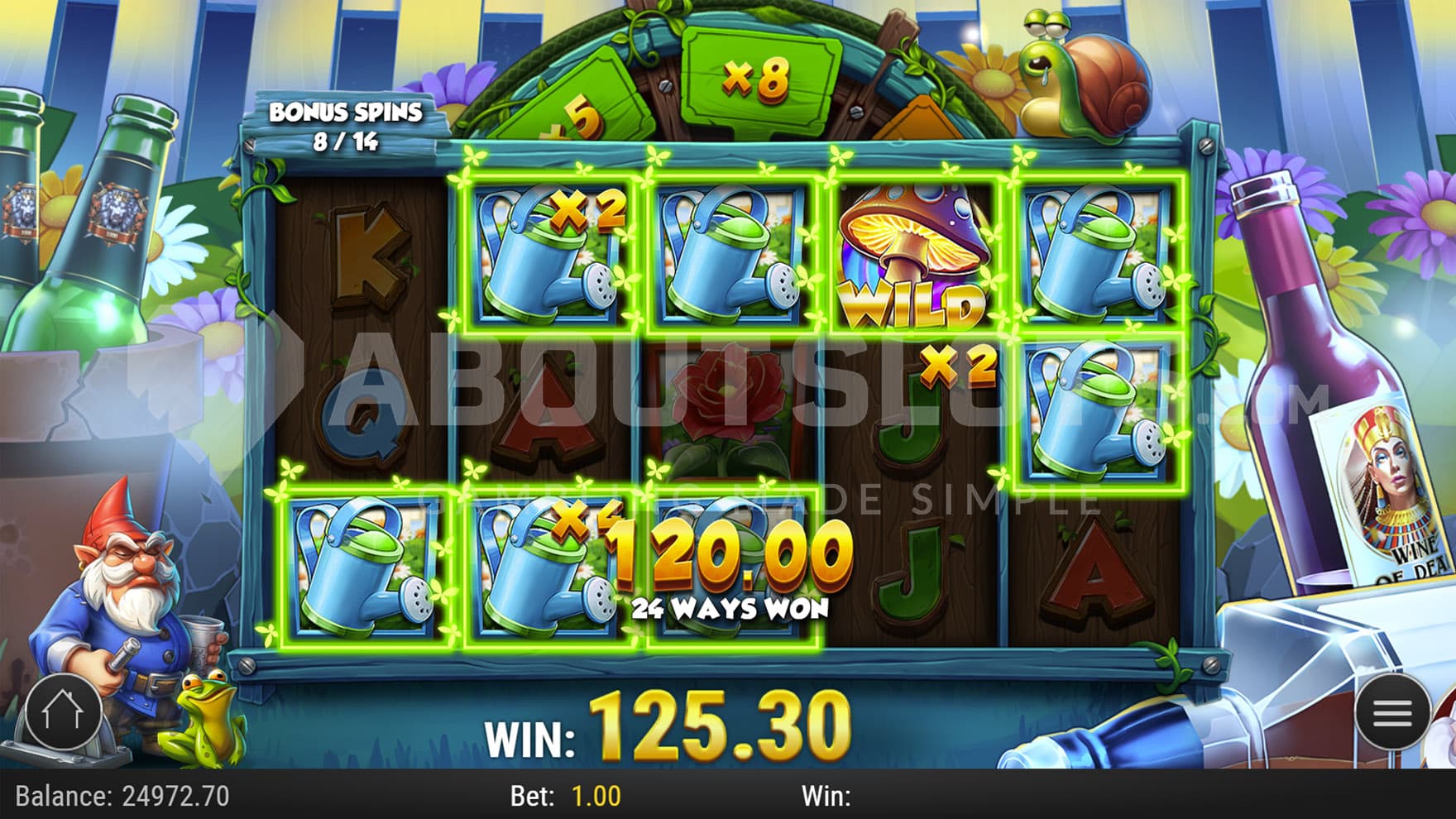 Bonus Spins round in progress, showing several reel positions upgraded with multipliers and a high 5-of-a-kind win happening.