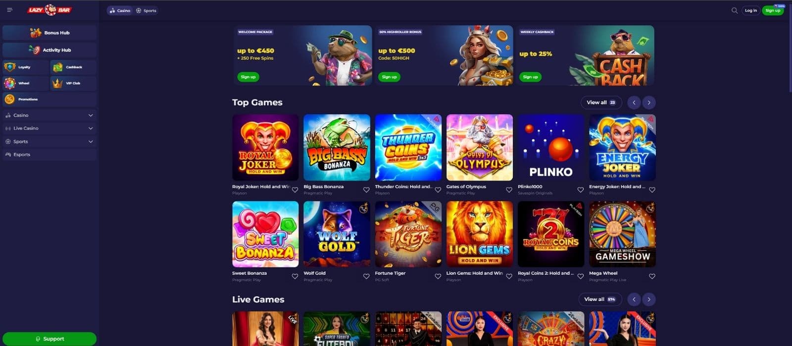 Lazybar Casino landing page with some of the popular slots and the main menu on the left side.